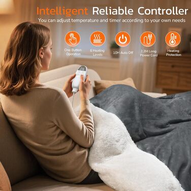 Ковдра PRANITE з підігрівом 180x130 см Електрична ковдра з шерпи та фланелі, 6 режимів нагріву, 10-годинний таймер, автоматичне вимкнення, захист від перегріву, можна прати сірого кольору для ліжка та дивана 130 x 180 см