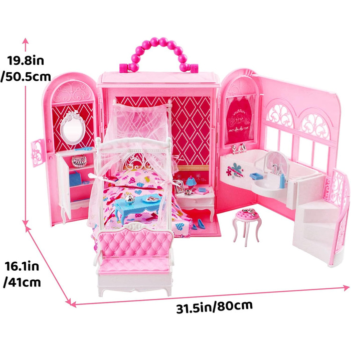 Ляльковий будиночок, Рожева сумка для перенесення Ляльковий будиночок, Складана сімейна іграшка зі спальнею та ванною кімнатою, Портативний ляльковий будиночок заввишки приблизно 46 см з ручкою для перенесення (лялька не входить до комплекту)