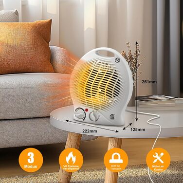 Портативний електричний обігрівач потужністю 2000 Вт з 3 режимами (холодне повітря/1000 Вт/2000 Вт) для приміщень площею до 15 м, захист від перекидання, захист від перегріву, тихий та енергозберігаючий з мідним двигуном для спалень та офісів