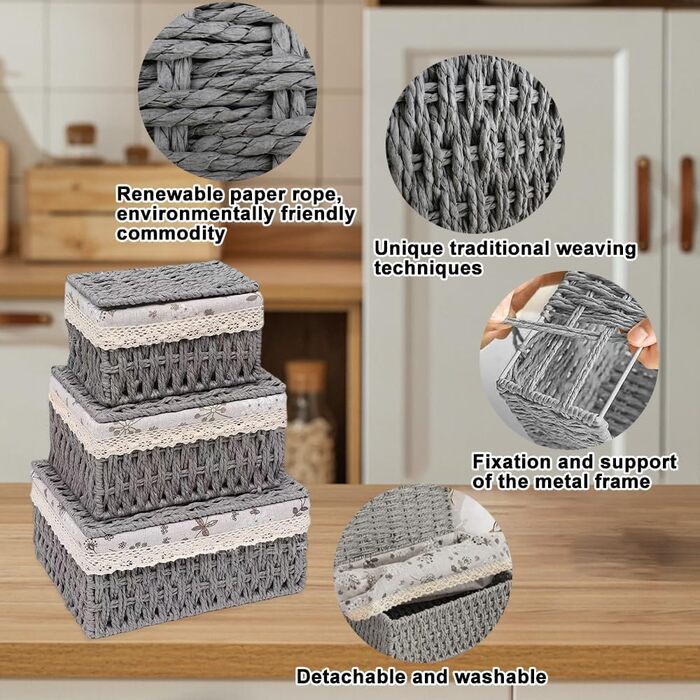 Набір кошиків для зберігання з 3 предметів з кришкою, плетений кошик з підкладкою, ротангова коробка для зберігання у ванній кімнаті, органайзер для ванної кімнати, іграшок, кухні, спальні (сірий)