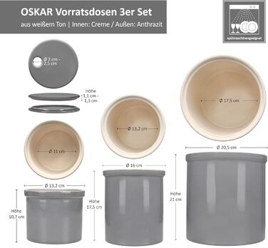 Набір із 3 контейнерів для зберігання Oskar MamboCat розмірів S, M та L сірого кольору Горщик із кришкою для картоплі, цибулі та часнику з білої глини для вашої кухні Циліндрична скринька для зберігання