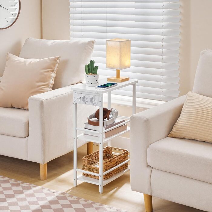 Вузький приставний столик, 3 полиці, тумбочка біля ліжка, журнальний столик із зарядною станцією, столик до дивана, столик до вітальні з місцем для зберігання, для невеликих приміщень, вітальня, спальня, білий AETWT29UE01