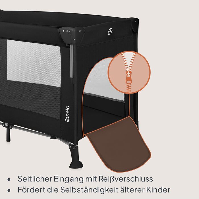 Дорожнє ліжечко Lionelo Ellen 3-в-1 для дітей від 0 до 3 років, приліжкове ліжечко для новонароджених та дітей старшого віку до 15 кг, 2 рівні висоти матраца, ремені кріплення, бічна блискавка, 2 колеса, сумка, чорний колір