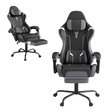 Ігрове крісло з масажем, підставкою для ніг та підголівником, ергономічне ігрове крісло з масажною поперековою подушкою, регульована спинка 90-135, м&39які підлокітники для геймерів - сірий, чорний та білий