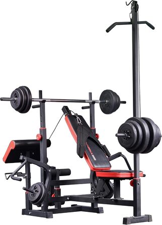 Багатофункціональна силова лава Train Hard з силовою станцією для тяги ширшого хвата, дисками вагою від 90 до 150 кг, штангою та комплектом штанг, що складається зі штанги, гантелей та грифа для згинань рук штанги 100 кг, гантелей та грифа для згинань рук