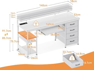 Письмовий стіл ODK з 4 шухлядами, 140x52x92 см, комп&39ютерний стіл з 2 розетками та 2 USB-портами для зарядки, ПК-стіл з полицею, ігровий стіл з підставкою для клавіатури для офісу, вітальня, білий 140x52 см