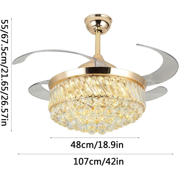 Тихий вентиляторний світильник Кришталевий стельовий вентилятор з пультом дистанційного керування Сучасна висувна стельова люстра