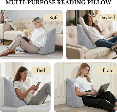 Подушка для читання Трикутна клиноподібна подушка для ліжка та дивана, зручна подушка для спини, мяка опорна подушка для читання та відпочинку, зі знімним чохлом, який можна прати, сіра, 45 см