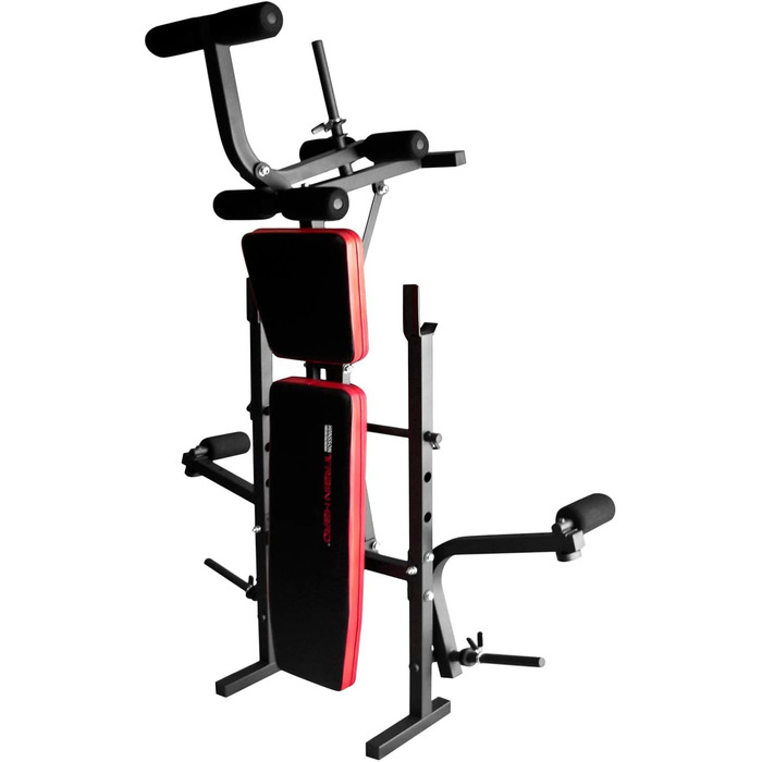 Багатофункціональна складна лава TrainHard з кріпленнями для згинання ніг та &quotметеликом&quot, протестована та сертифікована відповідно до EN957 / додатково комплект штанги, що складається зі штанги та гантелей, лава штанга та гантелі 50 кг