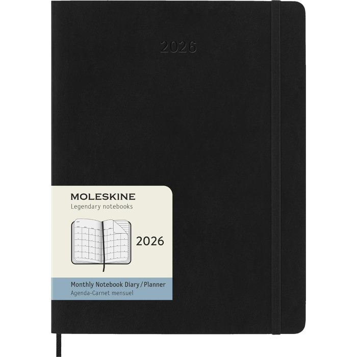 Щомісячний планер Moleskine, щомісячний календар на 2026 рік (12 місяців), м&39яка обкладинка з еластичною застібкою, розмір XL (19 x 25 см), чорний