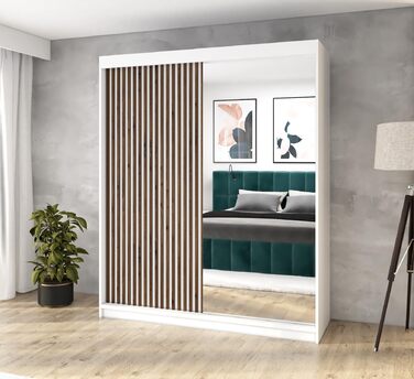 Шафа з розсувними дверима ЗІ ВОМБОЮ 180 см з дзеркалом та дерев&39яними ламелями (біла) Біла 180 см x 215 см