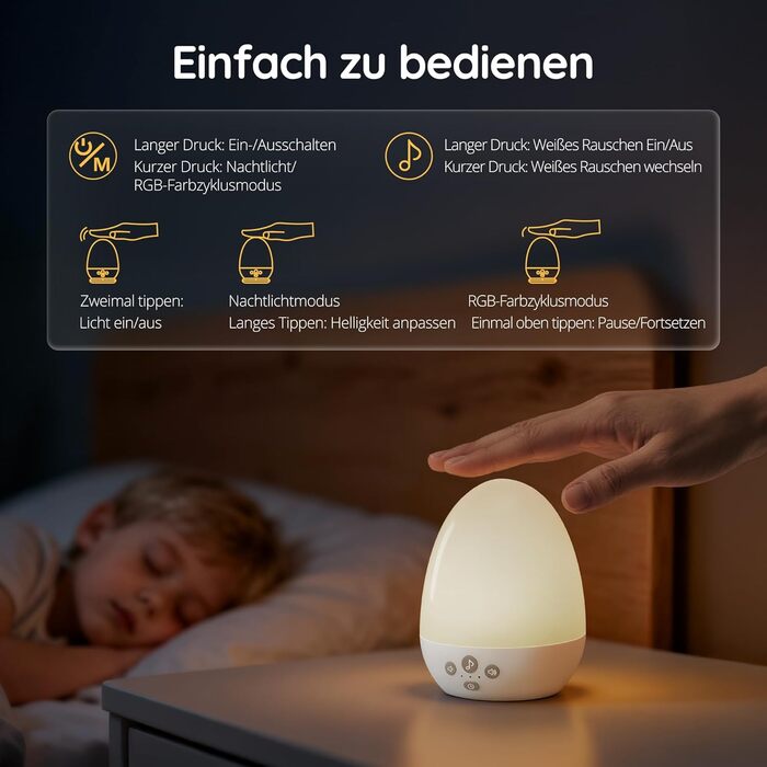 Нічник JolyWell для дітей з генератором білого шуму, RGB-нічник з регульованою яскравістю для немовлят, 3 колірні температури, плавне регулювання яскравості, дитячий нічник з 18 типами білого шуму, з таймером та зарядкою через USB-C
