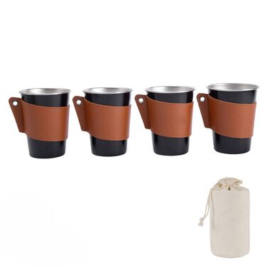 Набір із 4 кавових чашок з нержавіючої сталі 304 об&39ємом 350 мл зі шкіряним тримачем для кемпінгу та подорожей на природі