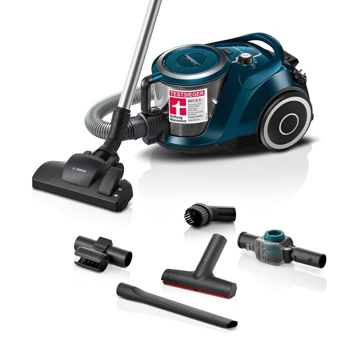 Безмішковий пилосос Bosch Serie 6 ProFamily BGC4FMLY гігієнічний фільтр для алергіків, 10 років гарантії на двигун, пастка для дрібних предметів, XXL-насадки для м'яких меблів та щілин, висока потужність, низький рівень шуму, 750 Вт, синій