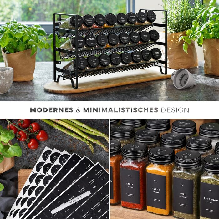 Набір чорних підставок для спецій Окремостоячий або настінний 24 банки для спецій 336 етикеток для спецій Сучасний дизайн Безпечний для харчових продуктів та придатний для миття в посудомийній машині