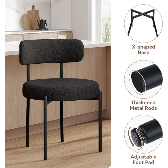 Обідні стільці, комплект з 4 шт. Круглі стільці з букле з тканини Teddy Кухонні стільці з м&39якою оббивкою в стилі середини століття Обідні стільці з металевими ніжками Чорний FU01031BL-4 Комплект з 4 чорних