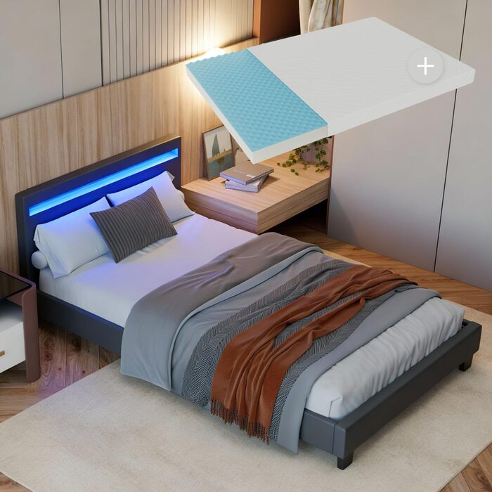 Ліжко Juskys Paris з м&39якою поверхнею 120x200 см - Каркас ліжка зі світлодіодним освітленням, рейковою основою та матрацом - сірий - штучна шкіра - Односпальне ліжко, дитяче ліжко, темно-сірий 120 x 200 см