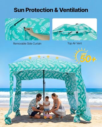 Пляжний навіс VEVOR 183 x 183 см з бічною стінкою, захист від сонця UPF 50, пляжний павільйон з мішками з піском, портативна парасолька від сонця для всієї родини та друзів, світло-зелений візерунок 6*6