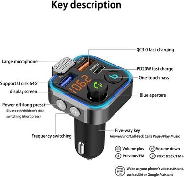 Автомобільний FM-передавач, бездротовий адаптер Bluetooth 5.0 FM-радіо з 2 портами USB (QC3.0 Type-C PD 20 Вт), автомобільний комплект з функцією гучного зв'язку, підтримка басового музичного плеєра, USB-накопичувач