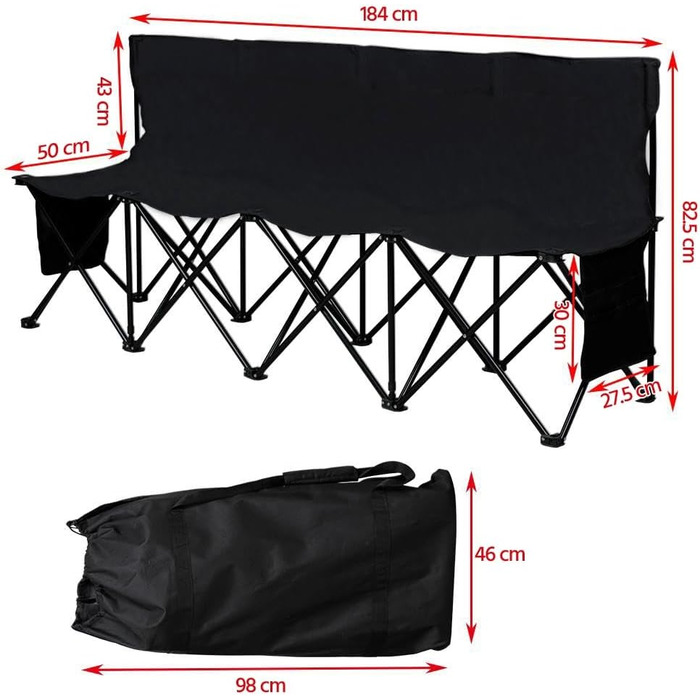 Лавка для кемпінгу Yaheetech, складна лавка, запасна лавка, футбольне сидіння, складна лавка для 4 осіб з сумкою для перенесення, чорна, 184x50x82,5 см