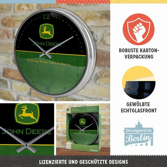 Ретро-настінний годинник Nostalgic-Art, Ø 31 см, John Deere вінтажний дизайн з логотипом (чорний та зелений)