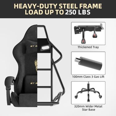 Ергономічне ігрове крісло Ferghana, дихаюче офісне крісло з високоякісної тканини, комп&39ютерне крісло з регульованим підголівником та поперековою подушкою, підлокітники, підставка для ніг, гоночне ПК-крісло, чорне