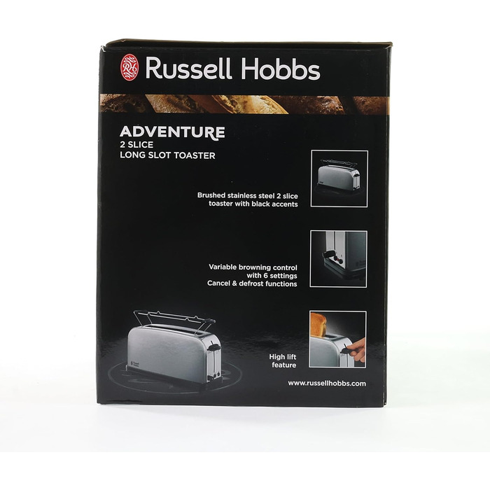 Тостер Russell Hobbs довгий слот для 2 скибочок / 1 широкий шматок хліба Adventure з нержавіючої сталі (дуже широкий слот для тостів, включаючи насадку для булочки, 6 рівнів підрум'янювання функція розморожування, 1000 Вт) 21396-56