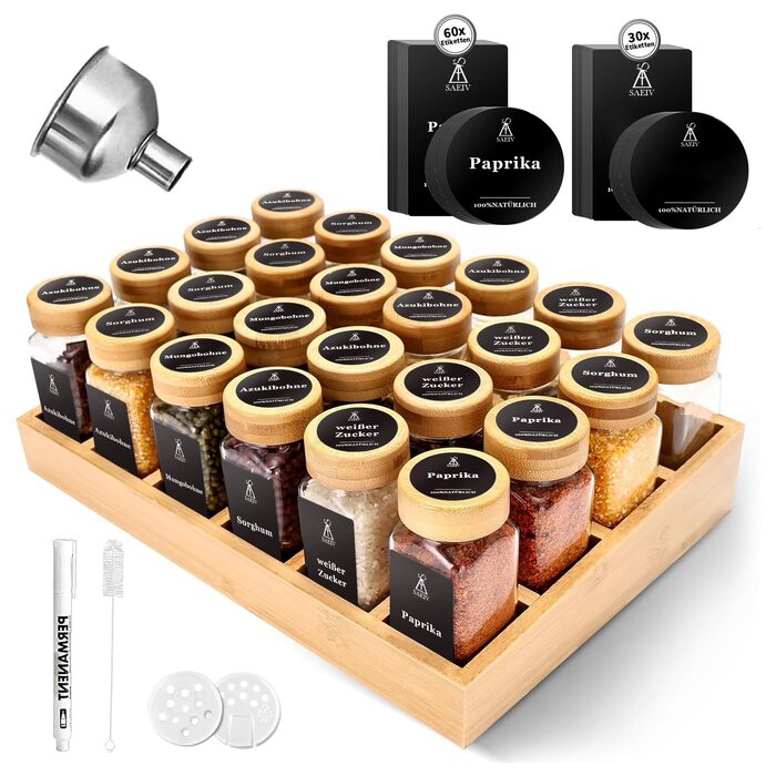 Натуральна бамбукова підставка для спецій з банками, набір шаф для спецій з 24 квадратними банками для спецій, бамбукова підставка для спецій, що підходить для охайної та організованої кухні, натуральний бамбук, 24 квадратні банки