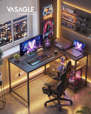 Г-подібний кутовий стіл, комп&39ютерний стіл з місцем для зберігання, офісний стіл, полиця з регульованою висотою, для домашнього офісу, 110 x 80 см, чорний колір ебенового дерева LWD135BE01 Чорний колір ебенового дерева 110 x 80 см Без подовжувача