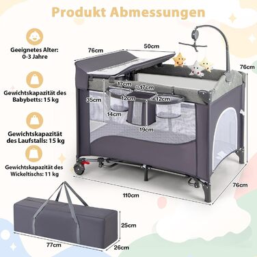 Дорожнє ліжечко з матрацом, дитяче ліжечко 5-в-1 з колесами, пеленальний килимок та музичний мобіль, дитяче ліжечко 110x76 см з сумкою для перенесення, колиска для новонароджених та немовлят (зелена)