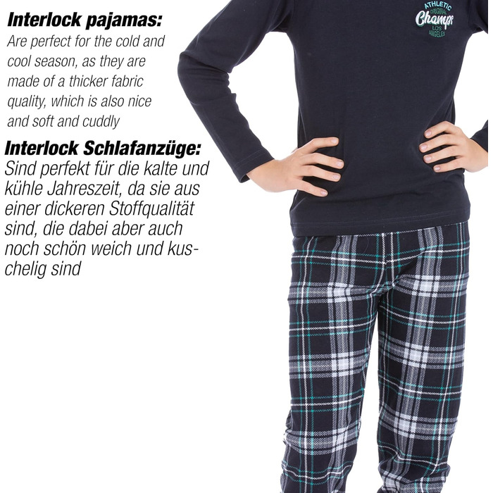 Комплект піжами/костюму LOREZA для хлопчика з довгими рукавами, 100 бавовняний інтерлок, картатий, теплий, розмір 140-146, модель 1