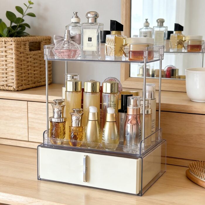 Рівневий органайзер для макіяжу Kousee з шухлядою зберігання косметики, великий органайзер для туалетного столика, місце для зберігання у ванній кімнаті з протиковзким дизайном (кремовий), 3-