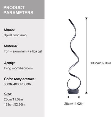 Сучасний світлодіодний торшер, креативний спіральний дизайн торшер з регулюванням яскравості, сучасний торшер для вітальні, спіральний торшер для спальні, вітальні, офісу або кабінету, 1,33 м (чорний)