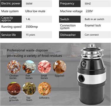 Електричний подрібнювач кухонних відходів OUKANING 1.4 л - Подрібнювач відходів для мийки 560 Вт Подрібнювач кухонних відходів Система утилізації харчових відходів