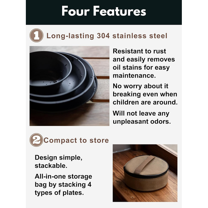 Набір посуду для кемпінгу CAMPINGMOON, нержавіюча сталь, тарілки, миски, штабельовані, посуд для активного відпочинку, сумка з тканини, для кемпінгу, піших прогулянок, пікніків (4 предмети, чорний колір з титановим покриттям)