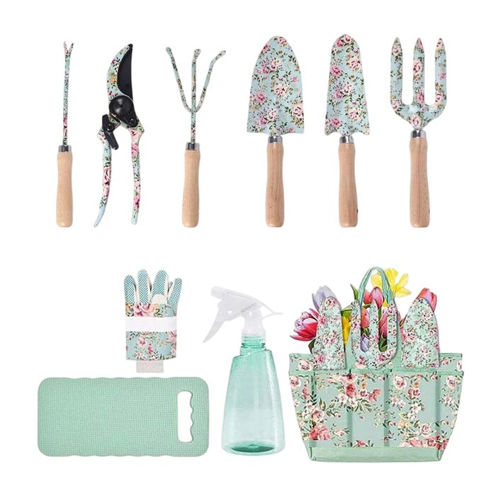 Набір садових інструментів 10 в 1, міцні садові ручні інструменти з нержавіючої сталі з сумкою для зберігання секатор, садова лопатка, рукавички, культиватор та інше. Ідеальний подарунок для садівників (квітковий візерунок)