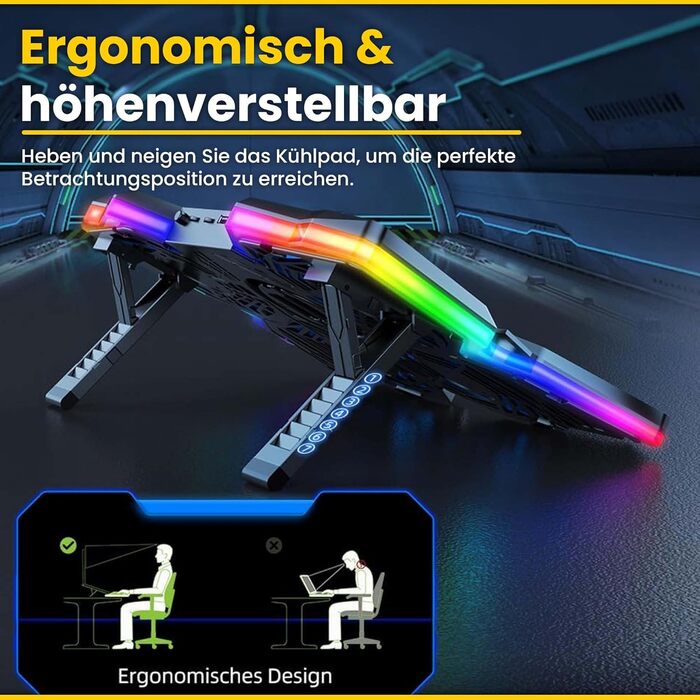 Охолоджувач для ноутбука Offgridtec K25 Pro, підставка з 4 тихими вентиляторами (1100 об/хв), 2 USB-порти, регульована висота, ергономічний дизайн для ігрових консолей та ноутбуків 10-17 дюймів, синій