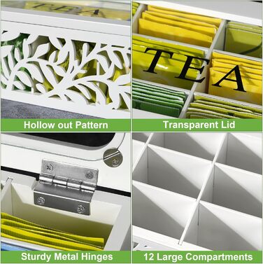 Чайна коробка, коробка для чайних пакетиків, перфорована дерев&39яна коробка для зберігання чаю з 12 відділеннями, контейнер для зберігання зі скляною стінкою та кришкою (білий) - чайна скринька для чайних пакетиків, цукру, кавових капсул