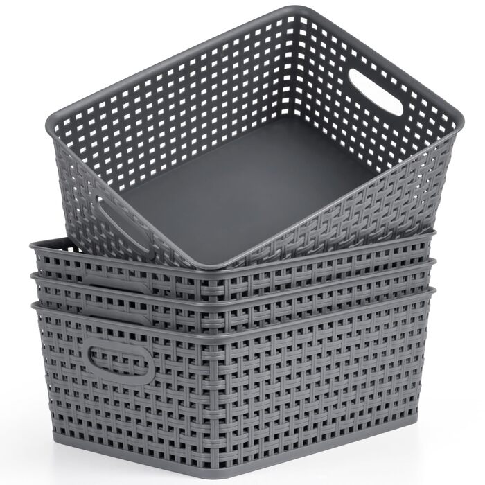 Пластикові кошики для зберігання Winter Shore, сірі 4 шт. - плетені дизайнерські кошики для зберігання речей у шафах, на кухонних полицях, під раковинах, у пральнях, спальнях, ванних кімнатах - 29 x 22,5 x 12 см