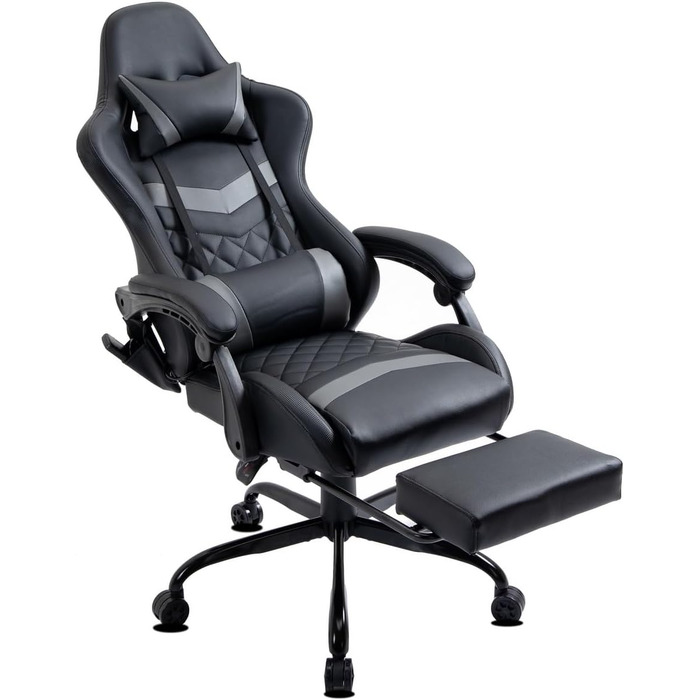 Ігрове крісло Delman, гоночне крісло, офісне крісло, комп&39ютерне крісло, масажна функція з 6 точками вібрації, крісло керівника зі штучної шкіри, ергономічна підставка для ніг 12-0037 (сірий колір)