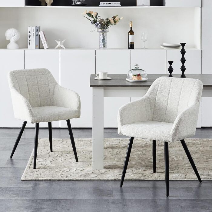 Обідні стільці CLIPOP, Комплект з 4 предметів, Крісла, Сидіння Teddy Boucle Beige, М&39які стільці для їдальні, кухні, вітальні (4, Boucle Beige) Комплект з 4 предметів Boucle Fog White