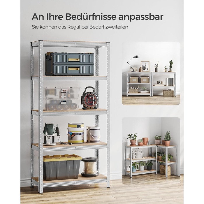 Надміцний стелаж, комплект з 2 шт., Підвальні полиці, Стелажі для зберігання, 40 x 90 x 180 см, Стелаж зі сталевою рамою, Вантажопідйомність до 875 кг кожен, 5 регульованих полиць, Сріблястий GLR040E02 40 x 90 x 180 см Сріблястий