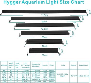 Світлодіодне освітлення для акваріума hygger 14 Вт, світлодіодна лампа для акваріума з таймером, регульована яскравість, світлодіодне освітлення для акваріума з регульованим кронштейном для акваріума 41-61 см (біле, синє, червоне світло)