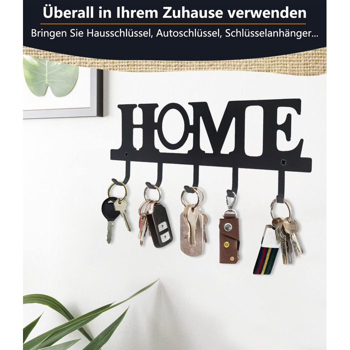 Настінна вішалка для ключів 5 гачків, декоративна, легка установка, легована сталь, чорна, тримач для ключів для декору настінного
