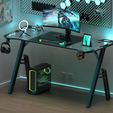 Ігровий стіл зі світлодіодним освітленням, 160x60 см, ігровий стіл з А-подібною рамою, стабільний ігровий стіл для ПК з крутим вуглецевим покриттям, ергономічний дизайн з гачком для навушників та підсклянником, легко збирається, 160 x 60 см зі світлодіодн