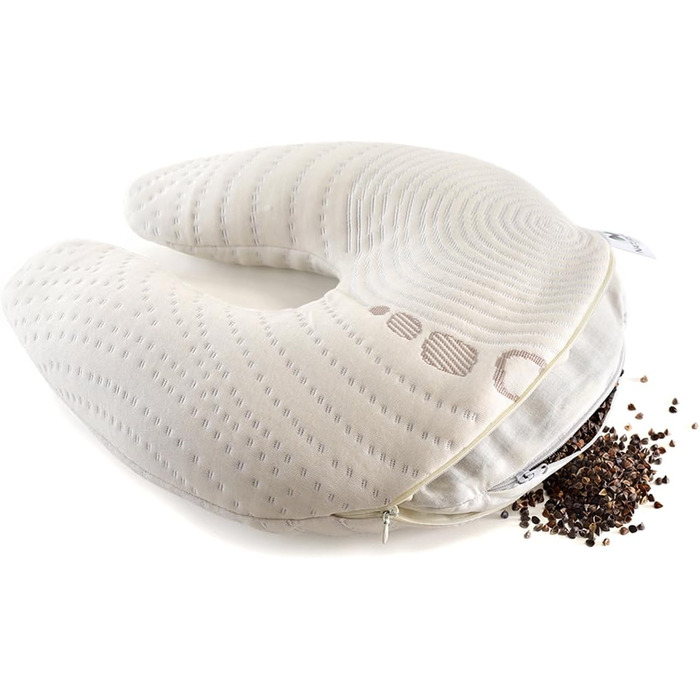 Органічна дорожня подушка для шиї, подушка для зняття болю в шиї, подушка для сну на боці зі знімним чохлом, подушка для підтримки шиї для дорослих 35x33 см. (Гречана лушпиння)