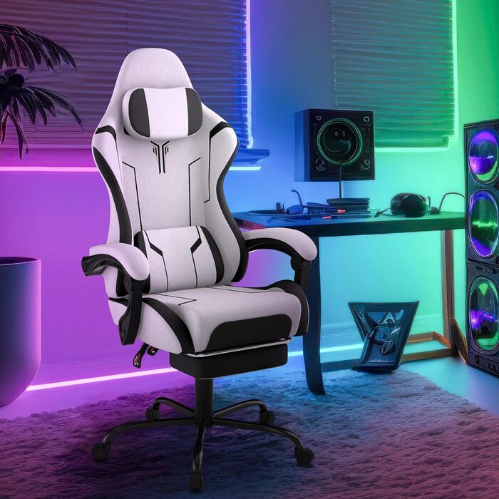 Геймерське крісло з вібраційним масажем та підставкою для ніг, ергономічне кіберспортивне крісло з підголівником та підлокітниками, офісне крісло, регульована висота до 135 кг, біле бавовняне льонне крісло