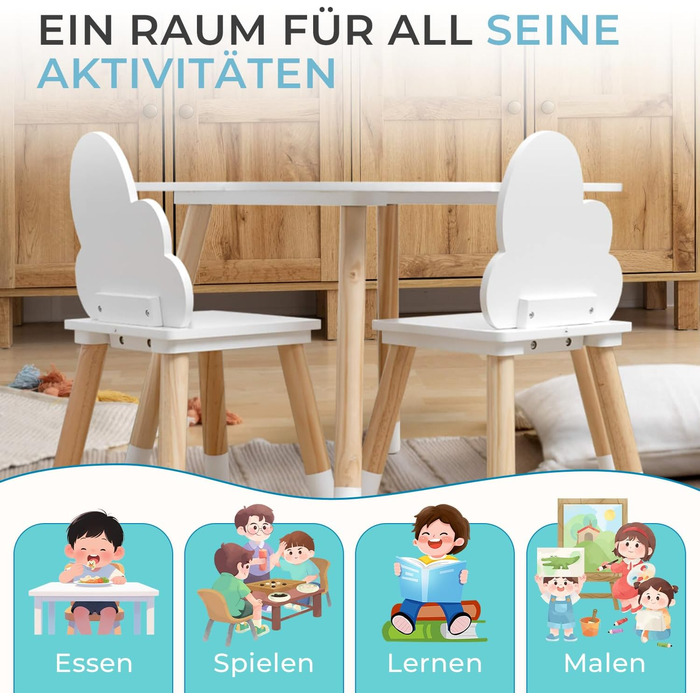 Дитячий комплект столу та стільців Rebecca Mobili, стільці та столик для дитячої кімнати, світло-коричневий та білий, МДФ, скандинавський стиль - Розмір 44 x 60 x 60 см / 50 x 25 x 25 см - Арт. RE6733