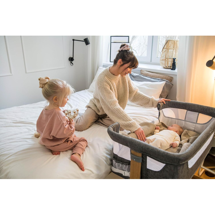 Дитяче ліжечко Momi SMART Bed 4-в-1 до 15 кг, приліжкове ліжечко для немовлят з матрацом, регульована висота, сірого кольору, одномісне