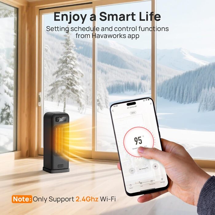 Енергозберігаючий вентилятор-обігрівач, портативний керамічний PTC вентилятор-обігрівач потужністю 1500 Вт, тиха робота, коливальна панель 70, 12-годинний таймер, захист від перегріву та перекидання, сумісний з Alexa та Google Assistant, чорний, 4 режими